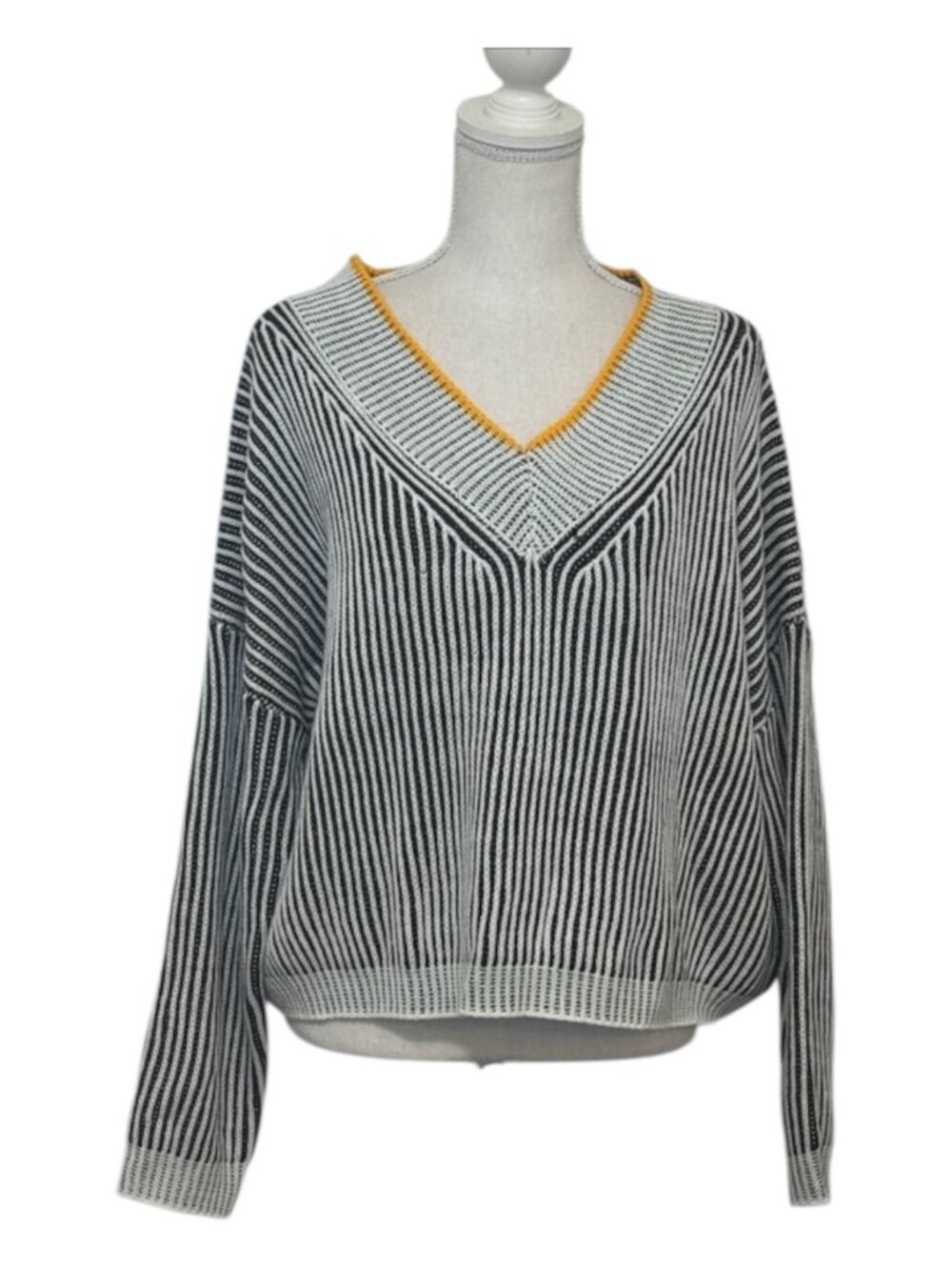 Shein Striped V-Neck Sweater with Yellow Trim Women's Size Large Black Yellow